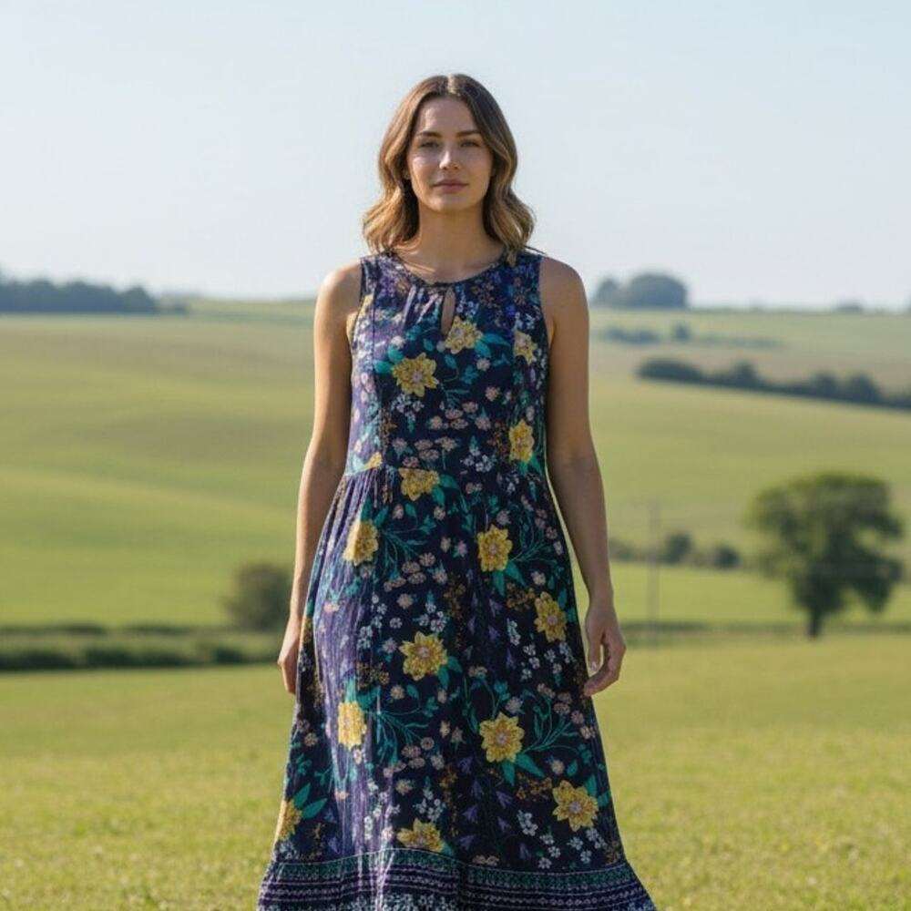 Old Navy Dress Womens XXL Blue Floral Maxi Sleeveless Keyhole Boho Crinkle Lined